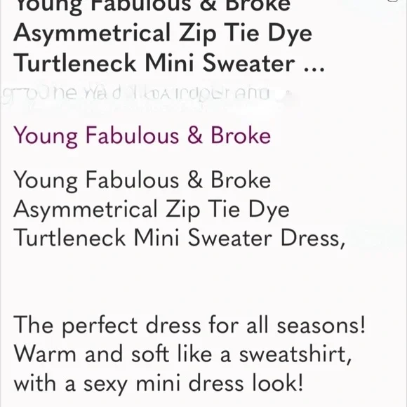 Young fabulous and broke mini zip, turtle neck, tie-dye, long sleeve dress SzM - Picture 5 of 16